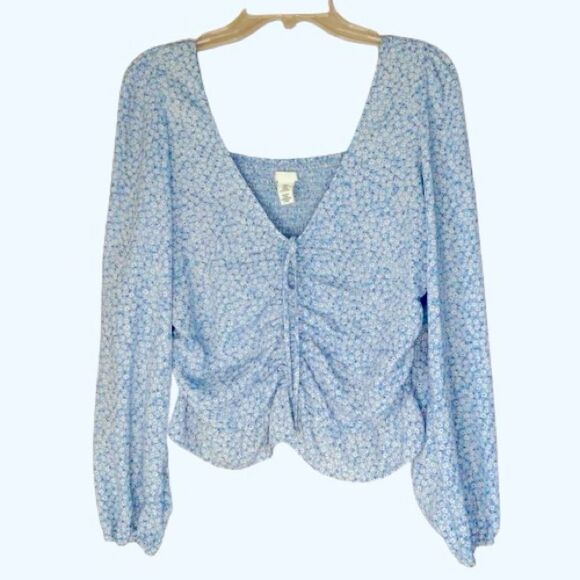 H & M Babydoll Smocked Coquette Powder Blue Floral Peasant Boho Blouse Size M - Picture 3 of 12